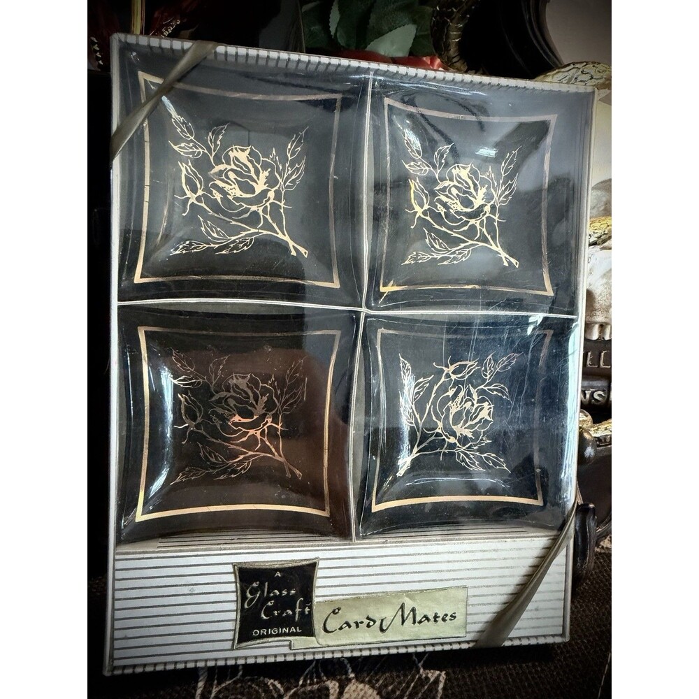 Glass Craft Card Mates Original Black Gold Floral Square Glass Trays Set of 4